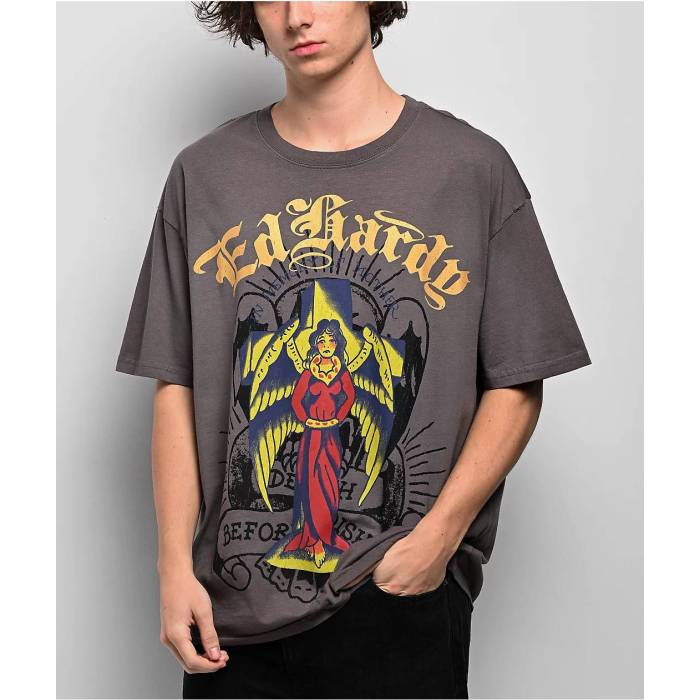 エドハーディー Ed Hardy 【 Wing Skull Sunfade Grey T-Shirt Men's Grey 】 灰色 グレー Tシャツ メンズ 灰色 グレー