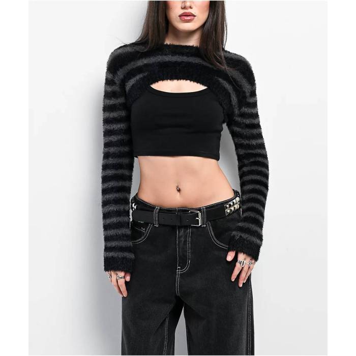 【★百貨店SALE★6/11真夜中2時迄】帝国 Empyre 【 Black Stripe Shrug Sweater Women\u0027s Black 】 黒いこと 黒いこと Stripe 縞模様 調教師 レディース 黒いこと 黒いこと