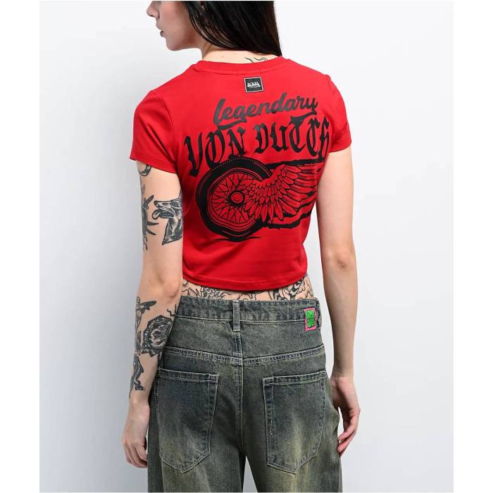 フォンダッチ Von Dutch 【 Flocked Logo Salsa Crop T-Shirt Women's Red 】 ロゴ Crop クロップ Tシャツ レディース Red 赤・レッド