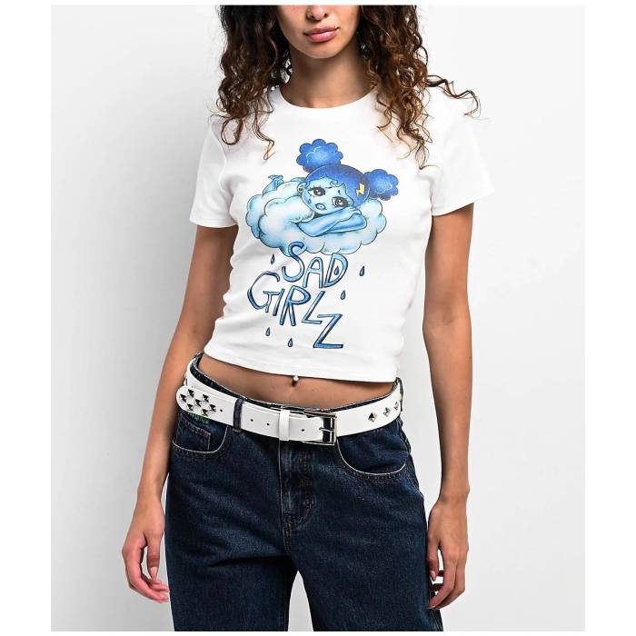 Sad Girlz 【 $Ad Girlz By Junior H Pondering Clouds White Crop T-Shirt Women's White 】 白色 ホワイト Crop クロップ Tシャツ レディース 白色 ホワイト
