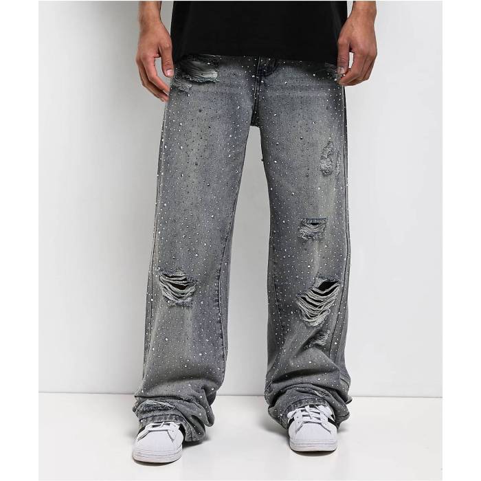 【★百貨店SALE★6/11夜夜中2時迄】アメリカンスティッチ American Stitch 【 Rhinestone Light Blue Wash Distressed Baggy Jeans Men\u0027s Light Pastel Blue 】 青味 青み デニム メンズ 青味 青み