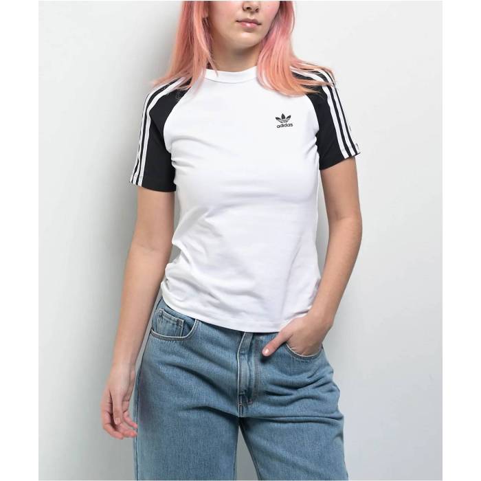アディダス Adidas 【 Adicolor 3 Stripe White \u0026 Black Slim Raglan T-Shirt Women\u0027s White 】 Stripe 縞模様 白いこと 白いこと 黒いこと 黒いこと slim か細い Raglan ラグラン プルオーバー レディース 白いこと 白いこと
