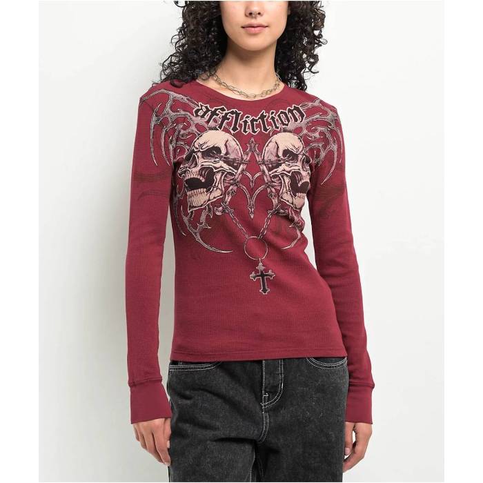 【★百貨店SALE★6/11十二時2時迄】アフリクション Affliction 【 Shred Fest Red Thermal Long Sleeve T-Shirt Women\u0027s Red 】 Red 赤・赤いこと Sleeve 捩り プルオーバー レディース Red 赤・赤いこと