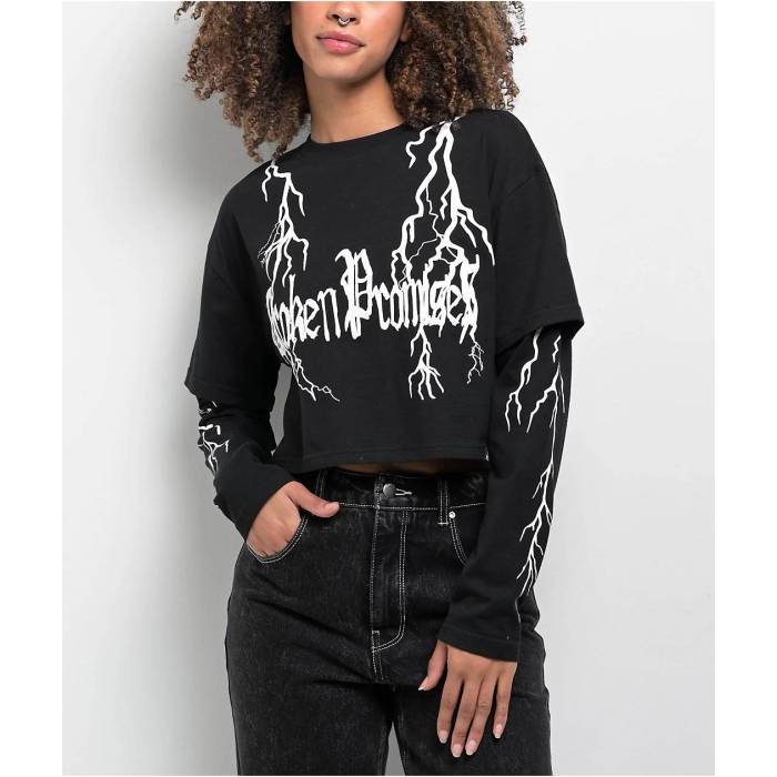 Broken Promises 【 Lightning Black 2Fer Long Sleeve Crop T-Shirt Women Black 】 ライトニング 黒色 ブラック Sleeve スリーブ Crop クロップ Tシャツ レディース 黒色 ブラック