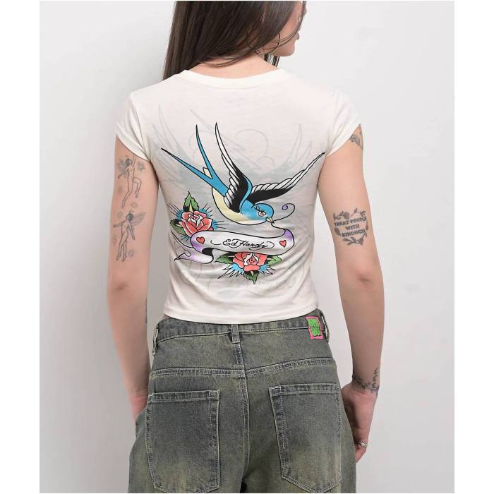 エドハーディー Ed Hardy 【 Swallow Back Ivory T-Shirt Women Natural 】 アイボリー Tシャツ レディース ナチュラル