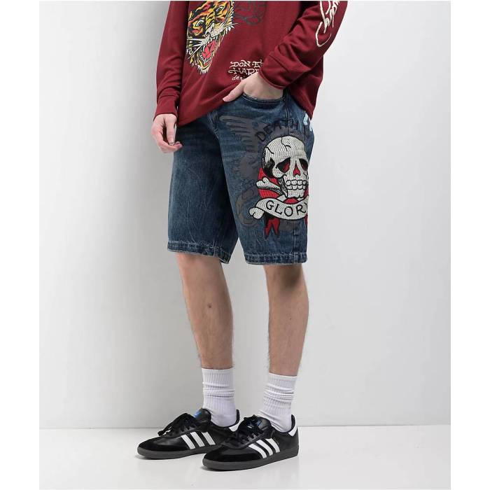 エドハーディー Ed Hardy 【 Skull Mid Blue Shorts Men's Medium Blue 】 ミッド 青色 ブルー ショーツ メンズ 青色 ブルー