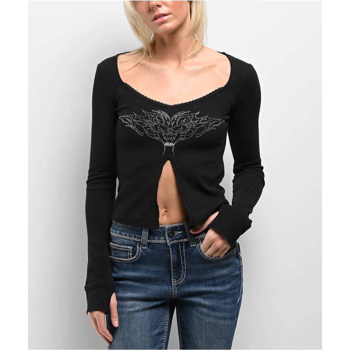 Swixxz 【 Rhinestone Flyaway Black Long Sleeve T-Shirt Women's Black 】 黒色 ブラック Sleeve スリーブ Tシャツ レディース 黒色 ブラック