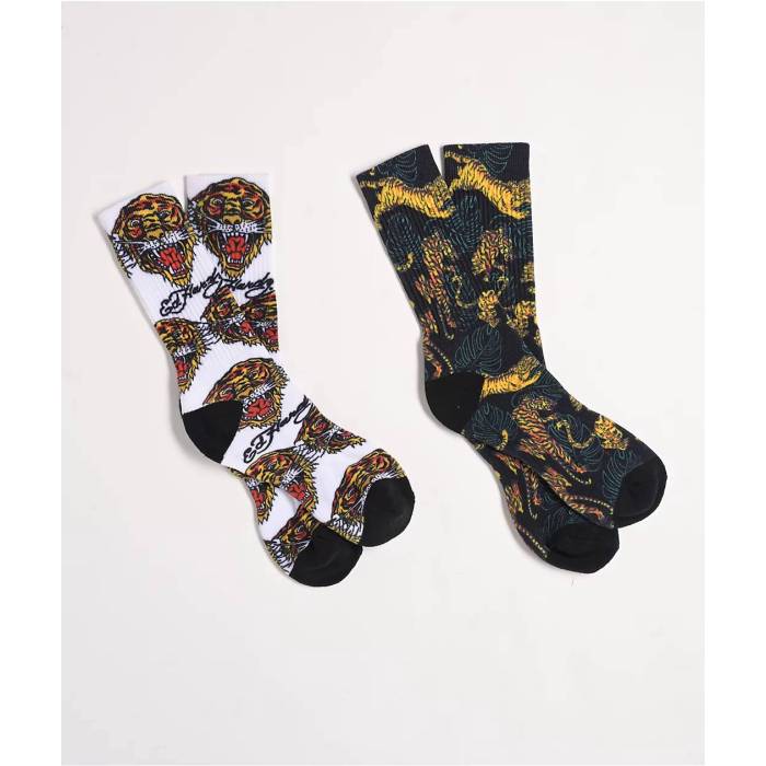 エドハーディー Ed Hardy 【 Tiger White & Black 2-Pack Crew Socks Men's Multicolor 】 白色 ホワイト 黒色 ブラック 2個入 クルー ソックス・靴下 メンズ