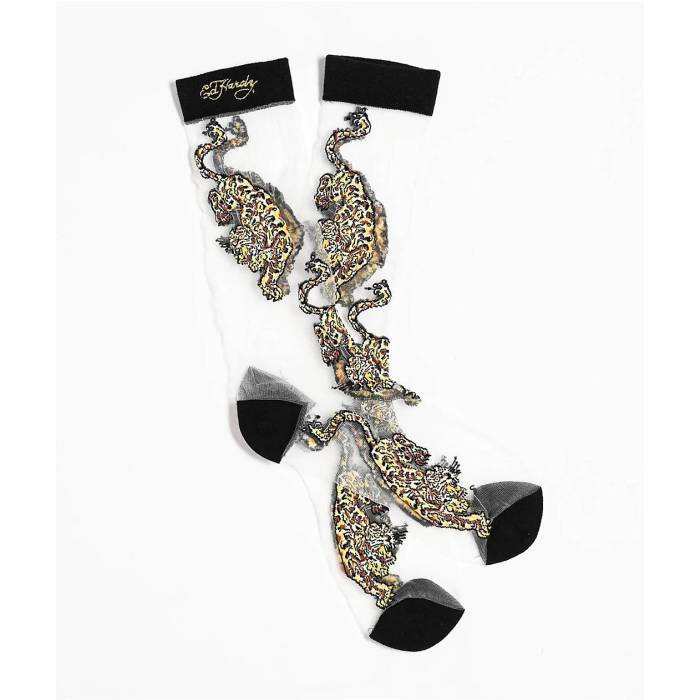 エドハーディー Ed Hardy 【 Sheer Tiger Black Crew Socks Women's Black 】 黒色 ブラック クルー ソックス・靴下 レディース 黒色 ブラック