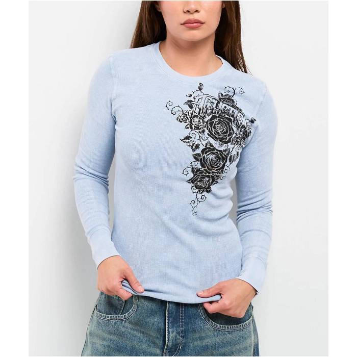 【★百貨店SALE★6/11十二時2時迄】アフリクション Affliction 【 Secret Garden Light Blue Wash Thermal Long Sleeve T-Shirt Women\u0027s Blue 】 青み 青色 Sleeve 捩り プルオーバー レディース 青み 青色