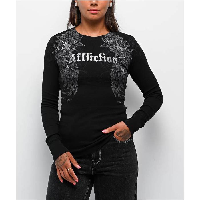 【★百貨店SALE★6/11十二時2時迄】アフリクション Affliction 【 Medallion Black Thermal Long Sleeve T-Shirt Women\u0027s Black 】 黒いこと 黒いこと Sleeve 捩り プルオーバー レディース 黒いこと 黒いこと