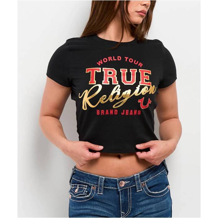 トゥルーレリジョン True Religion 【 High Shine Black Crop T-Shirt Women Black 】 ハイ 黒色 ブラック Crop クロップ Tシャツ レディース 黒色 ブラック