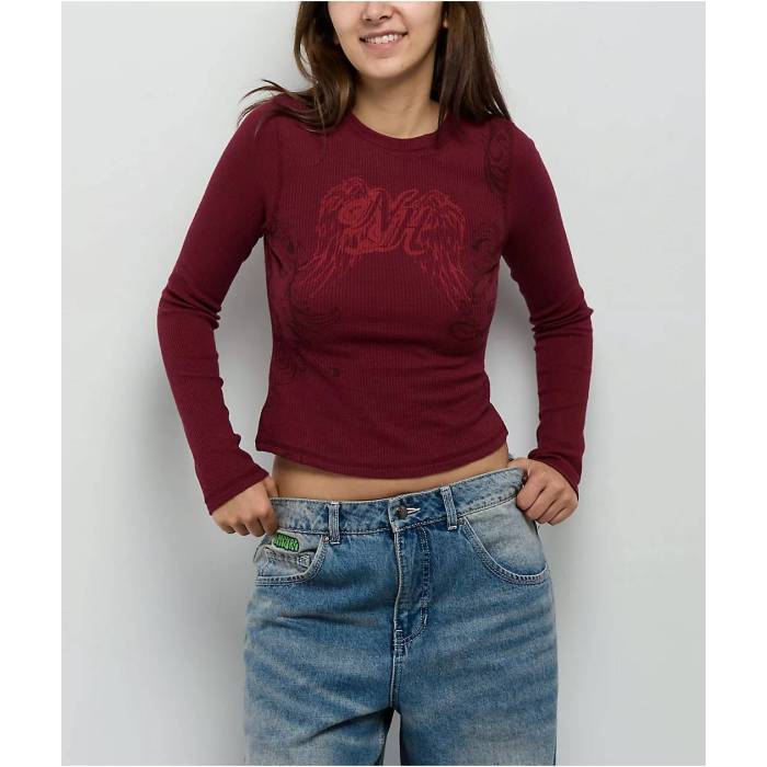 Ninth Hall 【 Selma Red Thermal Long Sleeve T-Shirt Women\u0027s Dark Red 】 Red 赤・赤いこと Sleeve 捩り プルオーバー レディース Red 赤・赤いこと