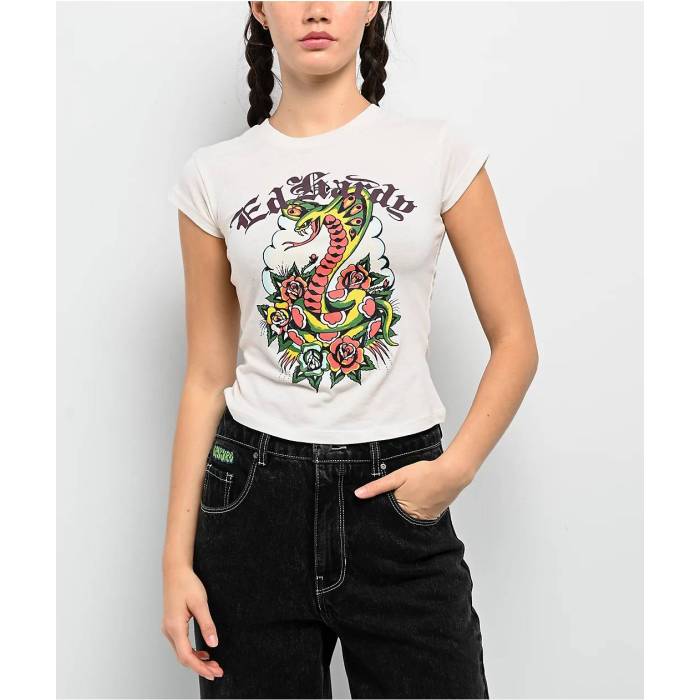 エドハーディー Ed Hardy 【 Rose Cobra Ivory Crop T-Shirt Women's Natural 】 Rose ローズ アイボリー Crop クロップ Tシャツ レディース ナチュラル
