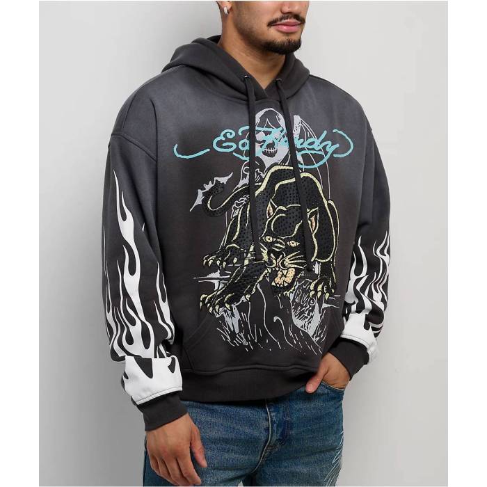 【★百貨店SALE★6/11十二時2時迄】エドハーディー Ed Hardy 【 Panther Rhinestone Sunfade Grey Hoodie Men\u0027s Grey 】 薄墨色 薄墨色 フーディー パーカー メンズ 薄墨色 薄墨色