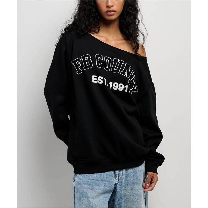 【★百貨店SALE★6/11真夜中2時迄】Fb County 【 Off Shoulder Black Crewneck Sweatshirt Women\u0027s Black 】 黒いこと 黒いこと 汗水 調教師 レディース 黒いこと 黒いこと