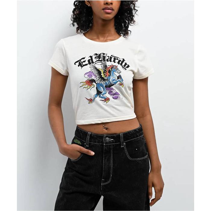エドハーディー Ed Hardy 【 Pegasus Rhinestone Ivory Crop T-Shirt Women's Natural 】 ペガサス アイボリー Crop クロップ Tシャツ レディース ナチュラル