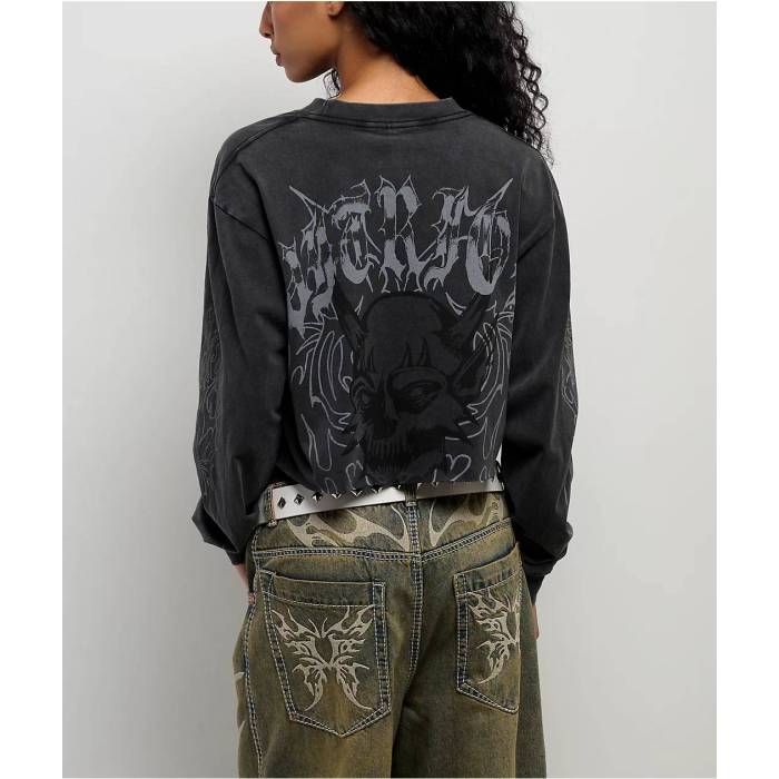 Vitriol 【 Edgy Overlord Black Wash Long Sleeve Crop T-Shirt Women\u0027s Black 】 黒いこと 黒いこと Sleeve 捩り Crop クロップ プルオーバー レディース 黒いこと 黒いこと