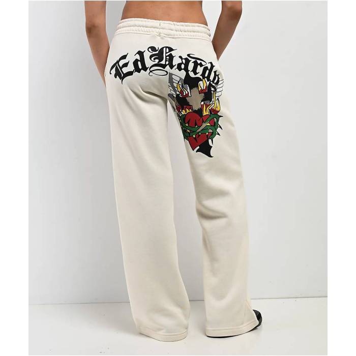 エドハーディー Ed Hardy 【 Sacred Heart Ivory Wide Leg Sweatpants Women's Natural 】 アイボリー ロングタイツ レディース ナチュラル｜スニケス