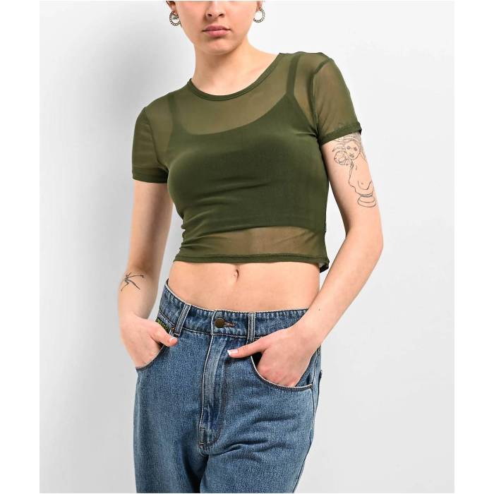 【★百貨店SALE★6/11真夜中2時迄】Zine 【 Cashie Green Mesh Crop T-Shirt Women\u0027s Green 】 green 緑・緑であること Crop クロップ ティーシャツ レディース green 緑・緑であること