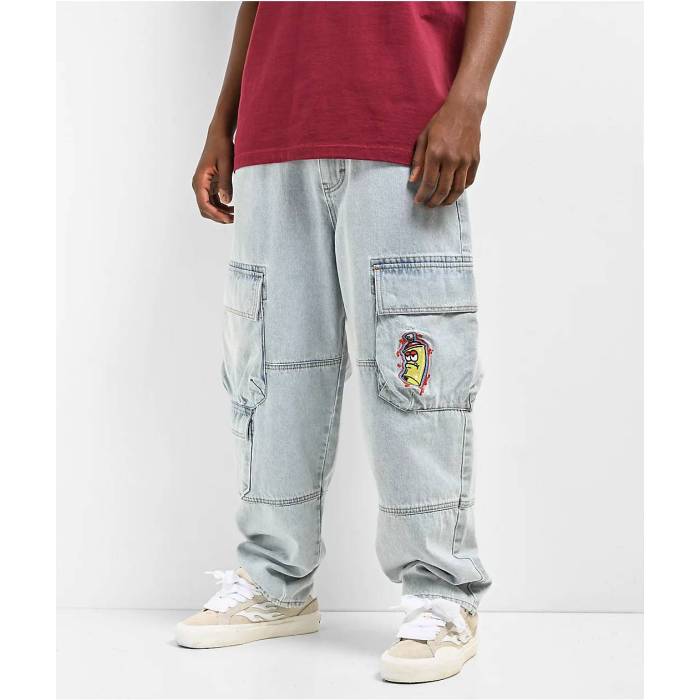 帝国 Empyre 【 Ultra Loose Embroidered Can Denim Cargo Pants Men\u0027s Light Pastel Blue 】 ultra ウルトラ ジーンズ 積貨委託貨物 メンズ 青み 青色
