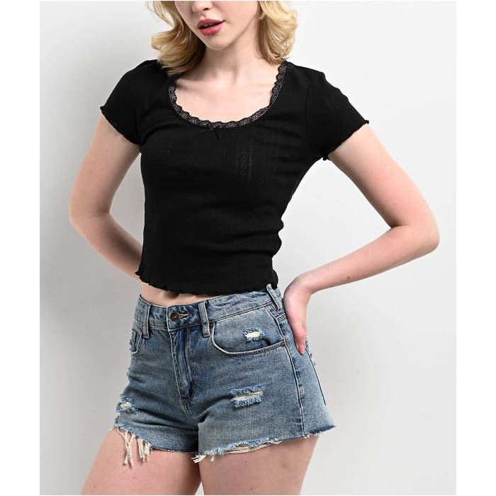Zine 【 Rosie Pointelle Black T-Shirt Women\u0027s Black 】 黒いこと 黒いこと プルオーバー レディース 黒いこと 黒いこと