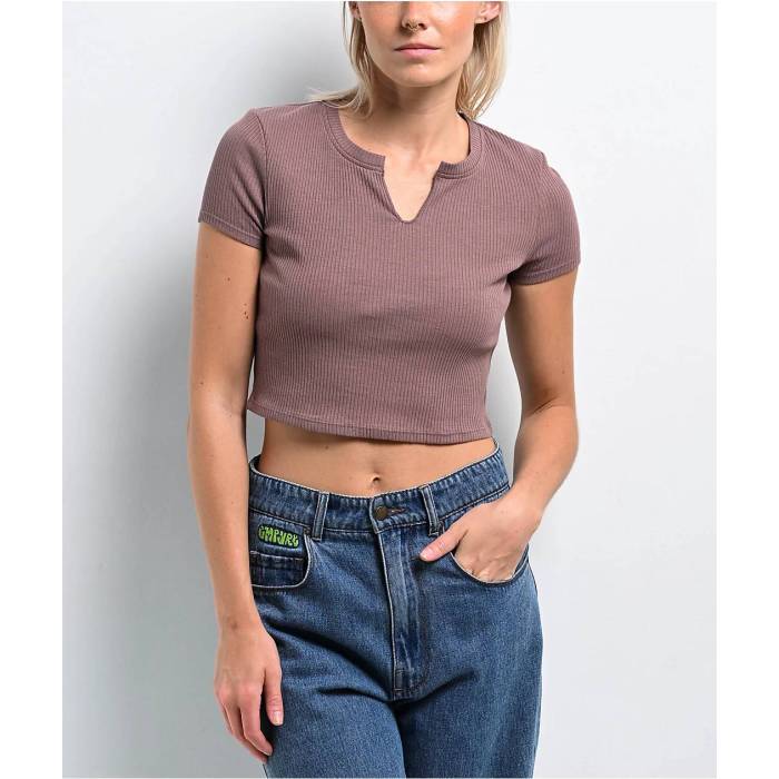 Zine 【 Noreen Deep Taupe Notched Crop T-Shirt Women\u0027s Brown 】 ディープ Crop クロップ プルオーバー レディース 赤銅色 赤銅色