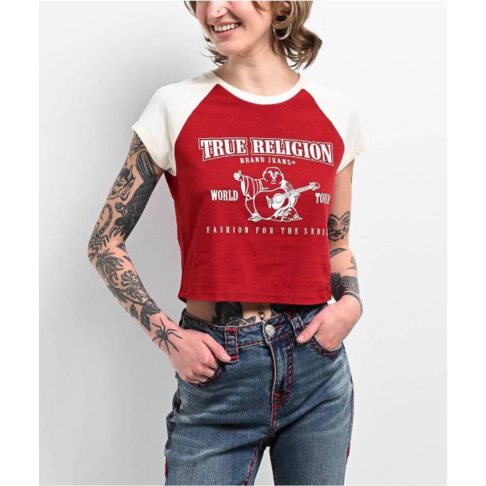 トゥルーレリジョン True Religion 【 Buddha Logo Ringer Raglan Red Crop T-Shirt Women\u0027s Red 】 ロゴタイプ Raglan ラグラン Red 赤・赤いこと Crop クロップ プルオーバー レディース Red 赤・赤いこと
