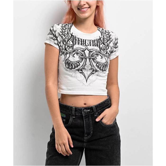 アフリクション Affliction 【 Vertibrate White Crop T-Shirt Women's White 】 白色 ホワイト Crop クロップ Tシャツ レディース 白色 ホワイト