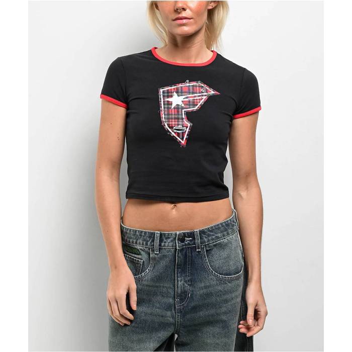 Famous Stars \u0026 Straps 【 Plaid Boh Black Ringer Crop T-Shirt Women\u0027s Black 】 黒いこと 黒いこと Crop クロップ プルオーバー レディース 黒いこと 黒いこと