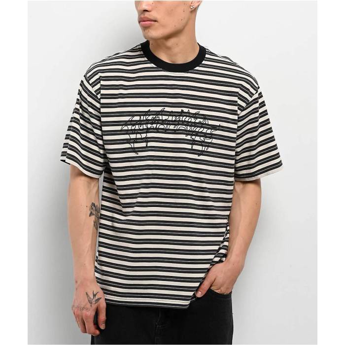 Welcome Skateboards 【 Welcome Concrete Stripe Natural Knit T-Shirt Men Black 】 Stripe ストライプ ナチュラル ニット Tシャツ メンズ 黒色 ブラック