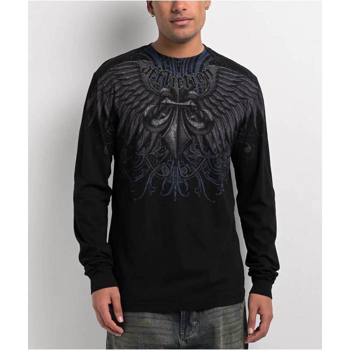 アフリクション Affliction 【 Ice Blade Black Long Sleeve T-Shirt Men\'s Black 】 黒色 ブラック Sleeve スリーブ Tシャツ メンズ 黒色 ブラック