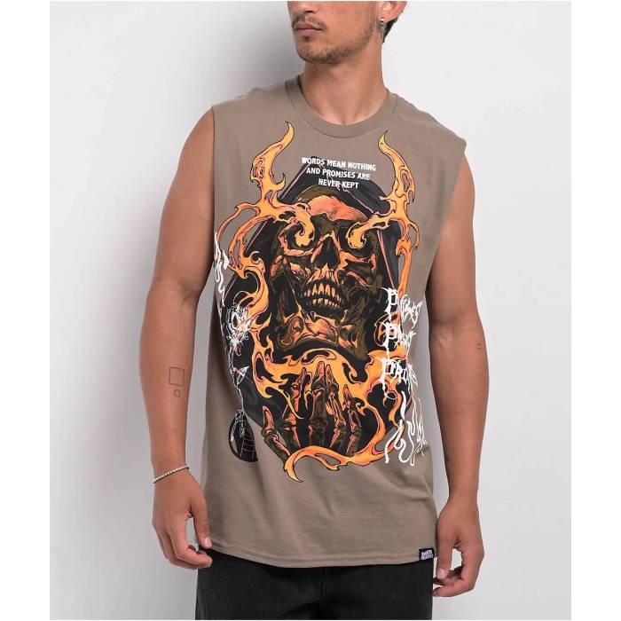 Broken Promises 【 Fading Fire Khaki Tank Top Men\u0027s Beige 】 たき火 カーキ 貯蔵タンクいの一番 メンズ ベージュ