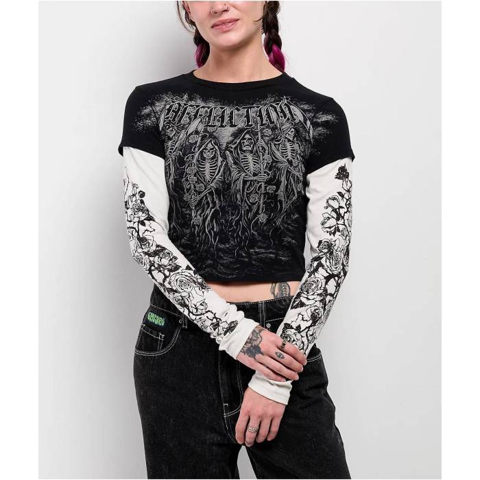 【★百貨店SALE★6/11十二時2時迄】アフリクション Affliction 【 Requiem Frost Black \u0026 White 2Fer Long Sleeve Crop T-Shirt Women\u0027s Black 】 黒いこと 黒いこと 白いこと 白いこと Sleeve 捩り Crop クロップ プルオーバー レディース 黒いこと 黒いこと