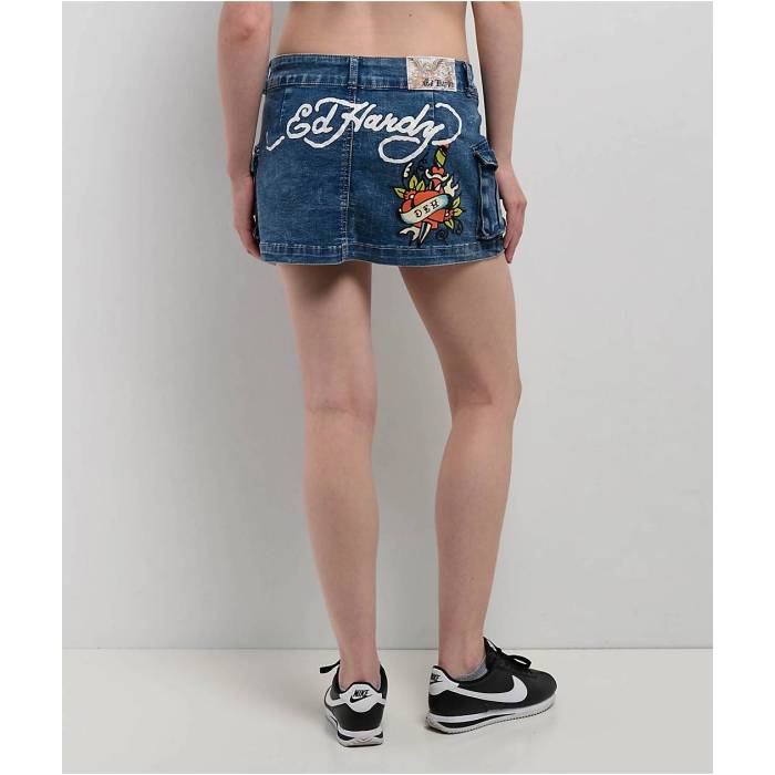 【★百貨店SALE★6/11真夜中2時迄】エドハーディー Ed Hardy 【 Heart Dagger Light Wash Denim Cargo Mini Skirt Women\u0027s Blue 】 ジーンズ 積貨委託貨物 レディース 青碧 青碧