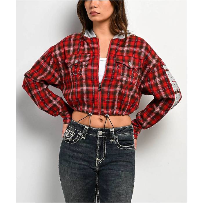 トゥルーレリジョン True Religion 【 Applique Shrunken Red Plaid Flannel Crop Zip Hoodie Women's Red 】 Red 赤・レッド Crop クロップ フーディー パーカー レディース Red 赤・レッド|スニケス