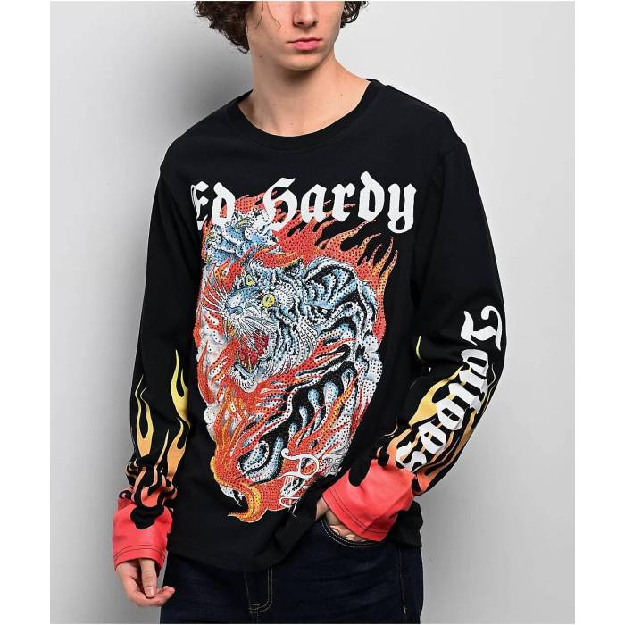 エドハーディー Ed Hardy 【 Rhinestone Tiger Flames Black Long Sleeve T-Shirt Men\'s Black 】 フレームス 黒色 ブラック Sleeve スリーブ Tシャツ メンズ 黒色 ブラック