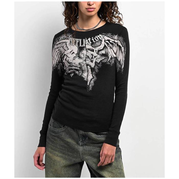 【★百貨店SALE★6/11十二時2時迄】アフリクション Affliction 【 Winged Up Black Thermal Long Sleeve T-Shirt Women\u0027s Black 】 黒いこと 黒いこと Sleeve 捩り プルオーバー レディース 黒いこと 黒いこと
