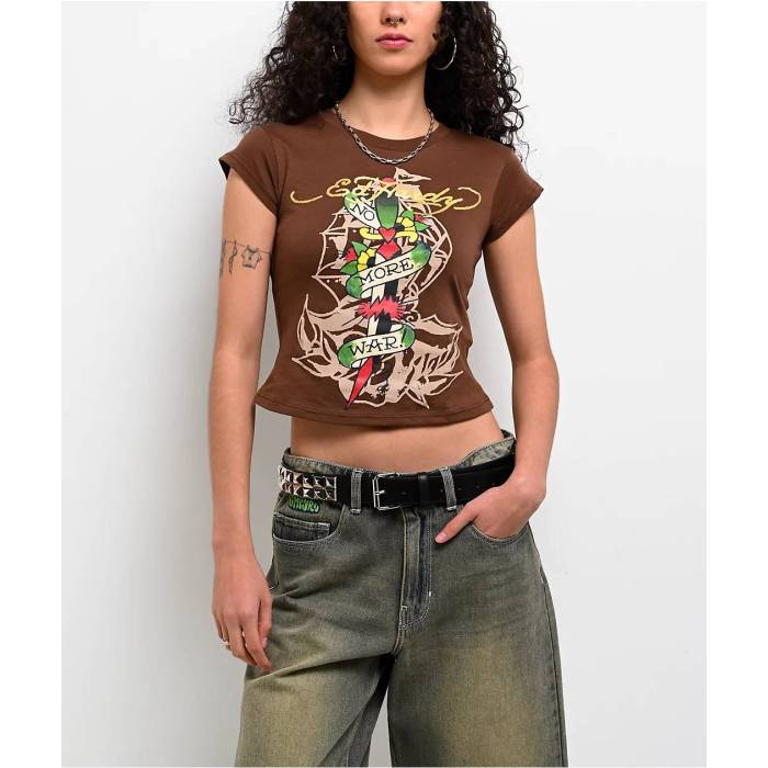 エドハーディー Ed Hardy 【 No War Cocoa Crop T-Shirt Women's Brown 】 Crop クロップ Tシャツ レディース 茶色 ブラウン