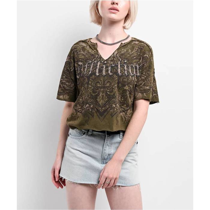 アフリクション Affliction 【 Residual Chaos Dark Green Crop T-Shirt Women's Dark Brown 】 green 緑・グリーン Crop クロップ Tシャツ レディース 茶色 ブラウン