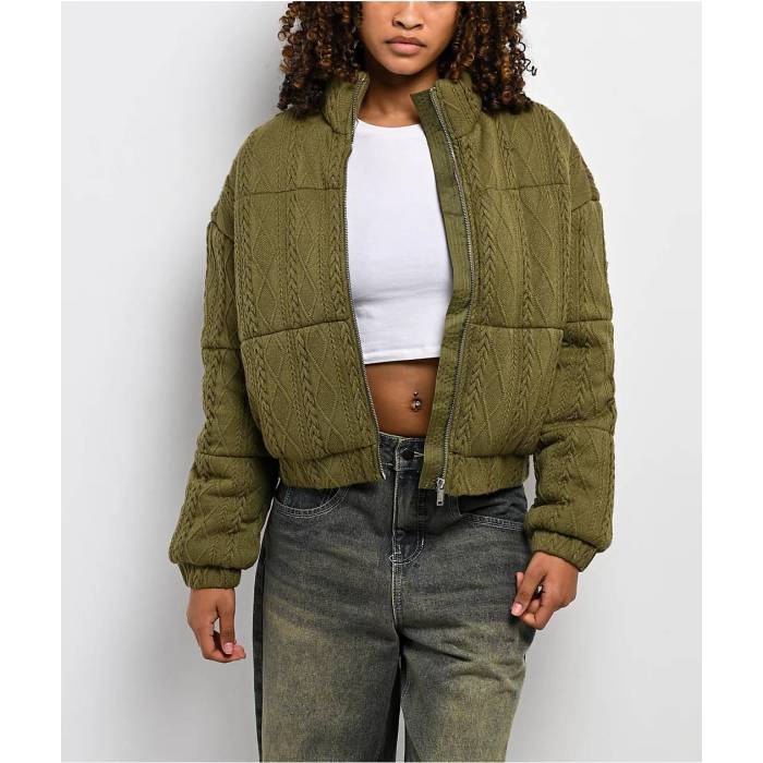 Rebel Veil 【 Cable Knit Green Puffer Jacket Women\u0027s Green 】 編み物 green 緑・緑であること Jacket 上衣 レディース green 緑・緑であること