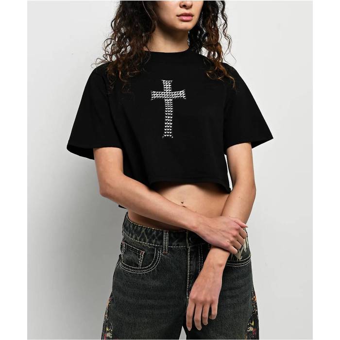Ninth Hall 【 Faux Cross Black Boxy Crop T-Shirt Women\u0027s Black 】 黒いこと 黒いこと Crop クロップ プルオーバー レディース 黒いこと 黒いこと
