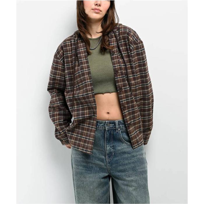 【★百貨店SALE★6/11十二時2時迄】Stitch Fusion 【 Brown Plaid Hooded Flannel Shirt Women\u0027s Brown 】 赤銅色 赤銅色 ボンネット付 レディース 赤銅色 赤銅色