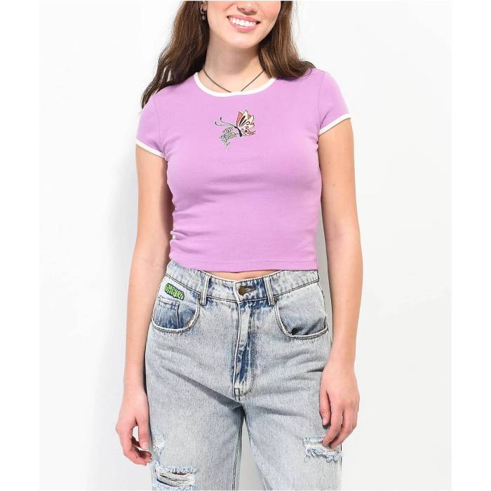 【★百貨店SALE★6/11真夜中2時迄】A.lab 【 Elish Butterfly Lavender Crop T-Shirt Women\u0027s Light Pastel Purple 】 Crop クロップ ティーシャツ レディース Purple 紫・パープル