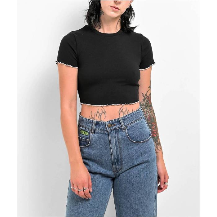 Zine 【 Angie Lettuce Hem Black Crop T-Shirt Women\u0027s Black 】 黒いこと 黒いこと Crop クロップ プルオーバー レディース 黒いこと 黒いこと