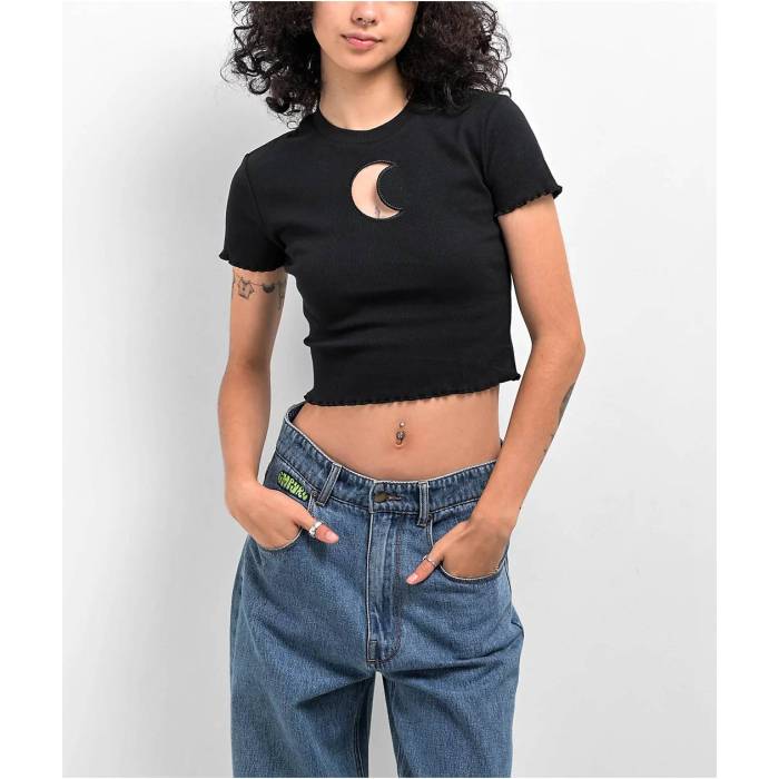 【★百貨店SALE★6/11真夜中2時迄】A.lab 【 Katrina Moon Cutout Black Crop Top Women\u0027s Black 】 黒いこと 黒いこと Crop クロップ レディース 黒いこと 黒いこと