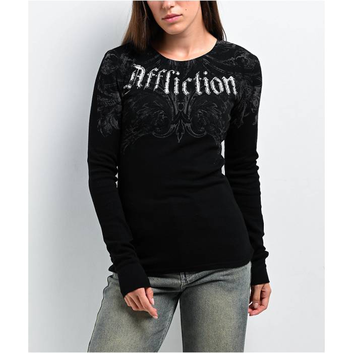【★百貨店SALE★6/11十二時2時迄】アフリクション Affliction 【 Detail Black Thermal Long Sleeve T-Shirt Women\u0027s Black 】 黒いこと 黒いこと Sleeve 捩り プルオーバー レディース 黒いこと 黒いこと