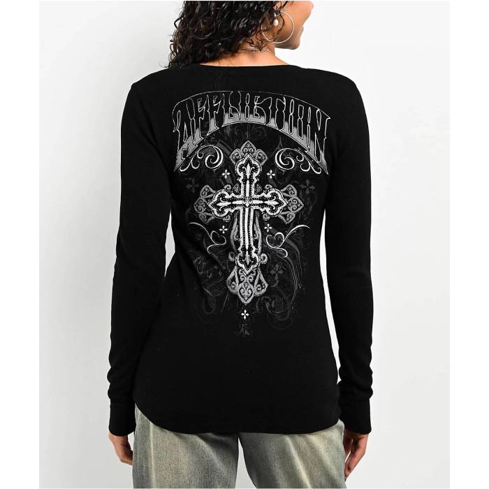 【★百貨店SALE★6/11十二時2時迄】アフリクション Affliction 【 Reverie Black Lava Thermal Long Sleeve T-Shirt Women\u0027s Black 】 黒いこと 黒いこと Sleeve 捩り プルオーバー レディース 黒いこと 黒いこと