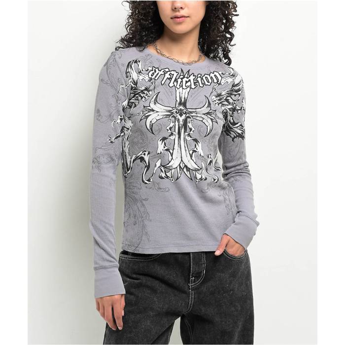 アフリクション Affliction 【 Jump Grey Thermal Long Sleeve T-Shirt Women's Grey 】 灰色 グレー Sleeve スリーブ Tシャツ レディース 灰色 グレー｜スニケス