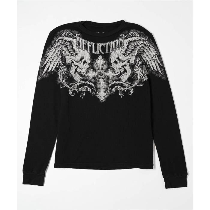 【★百貨店SALE★6/11真夜中2時迄】アフリクション Affliction 【 Kids Winged Up Black Lava Thermal Long Sleeve T-Shirt Kids\u0027 Black 】 黒いこと 黒いこと Sleeve 衣袂 ティーシャツ 黒いこと 黒いこと